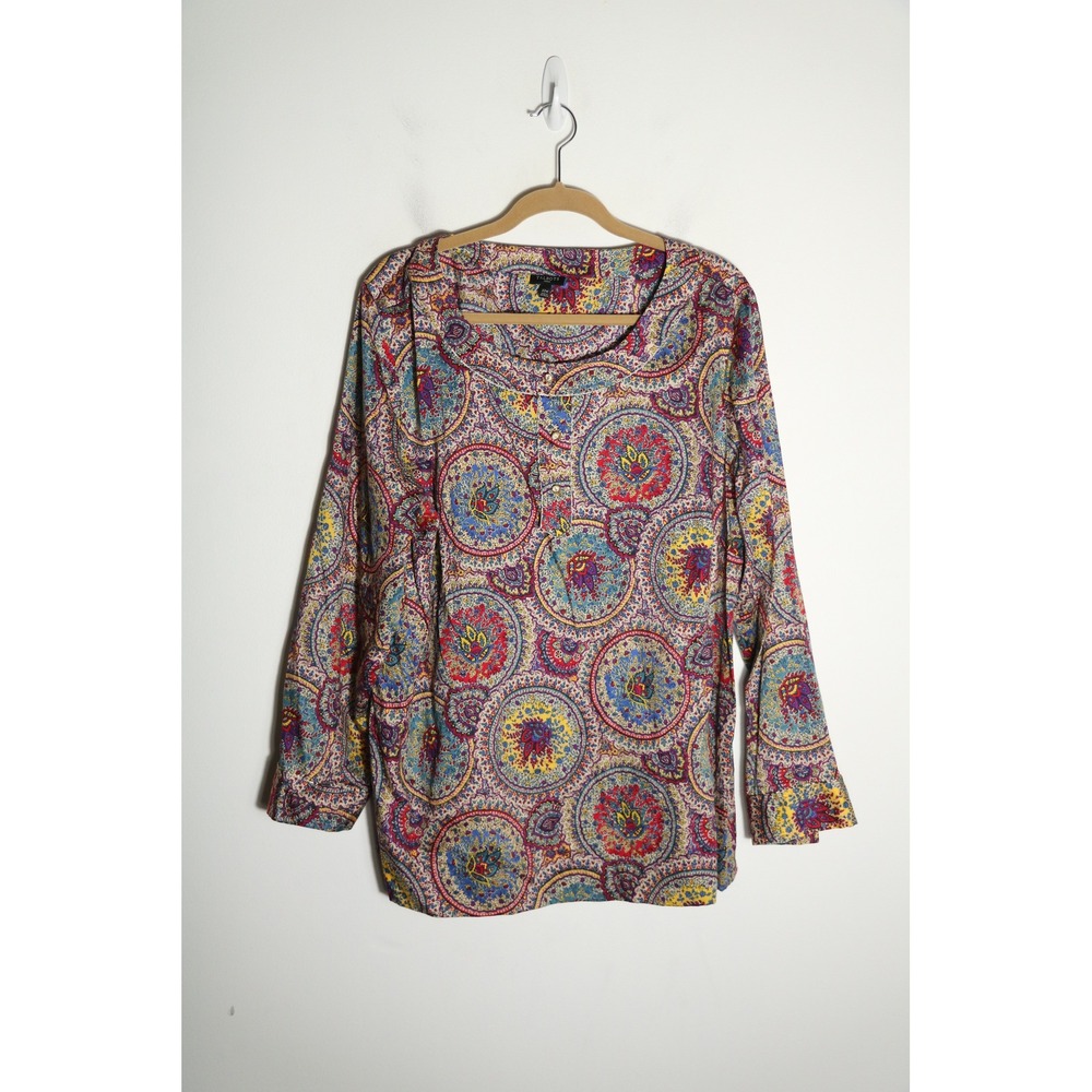 Talbots Colorful Paisley Medallion Print Popover Blouse 22W 100% Cotton Boho